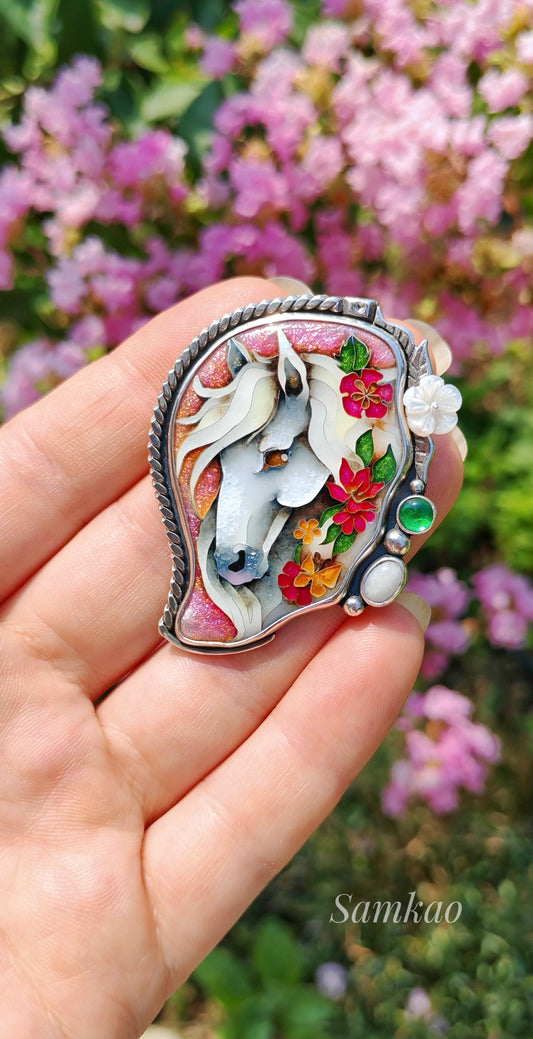 Enamel Horse Pendant – Cloisonné Enamel Art, 950 Silver, Moonstone, Chrysoprase, Mother-of-Pearl Flower