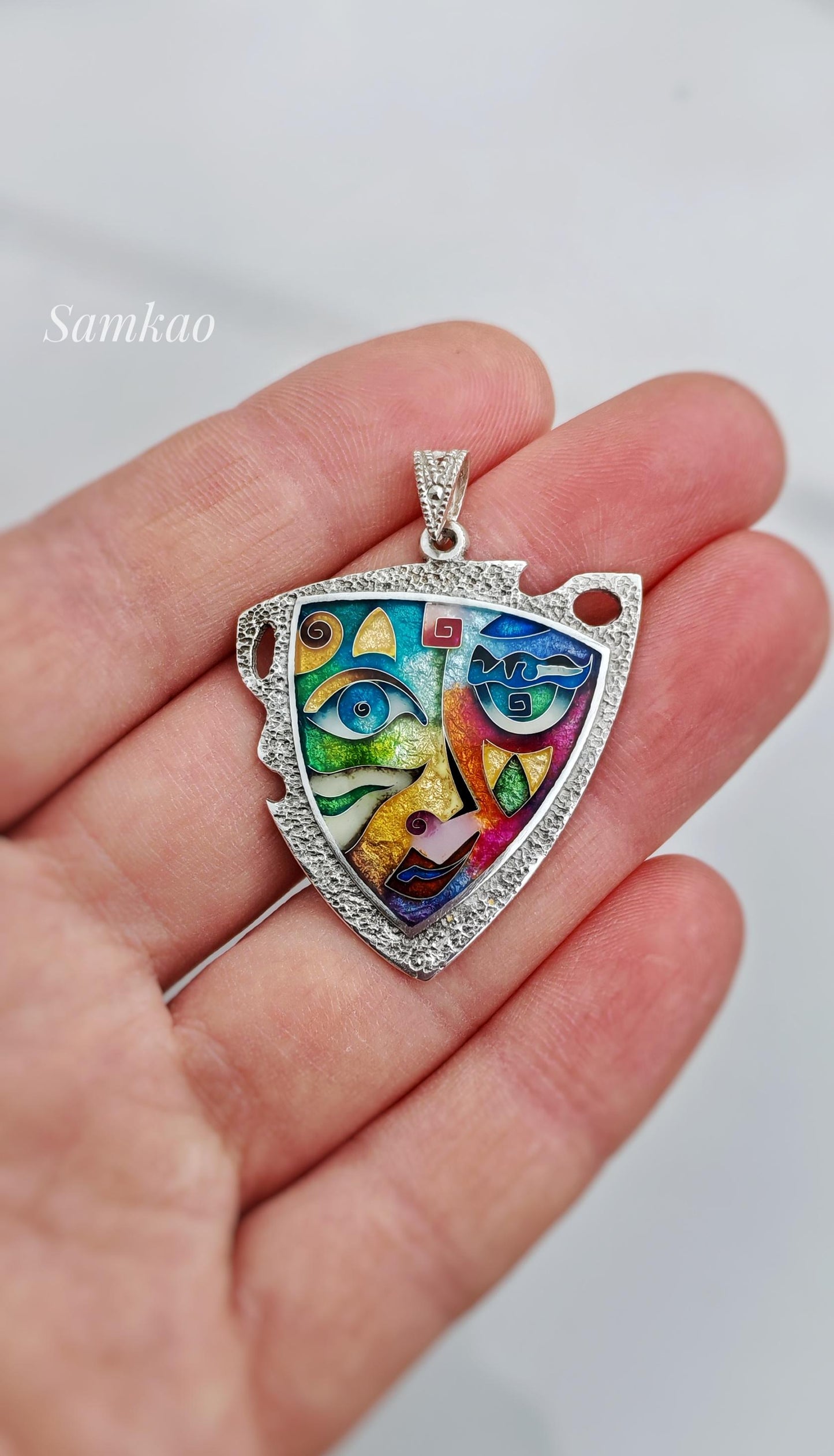 Cloisonne enamel pendant mask,Theatrical Mask, Venetian Mask,Gift for Actor, Theater Gift, Picasso inspired silver 999 pendant, Gift artist
