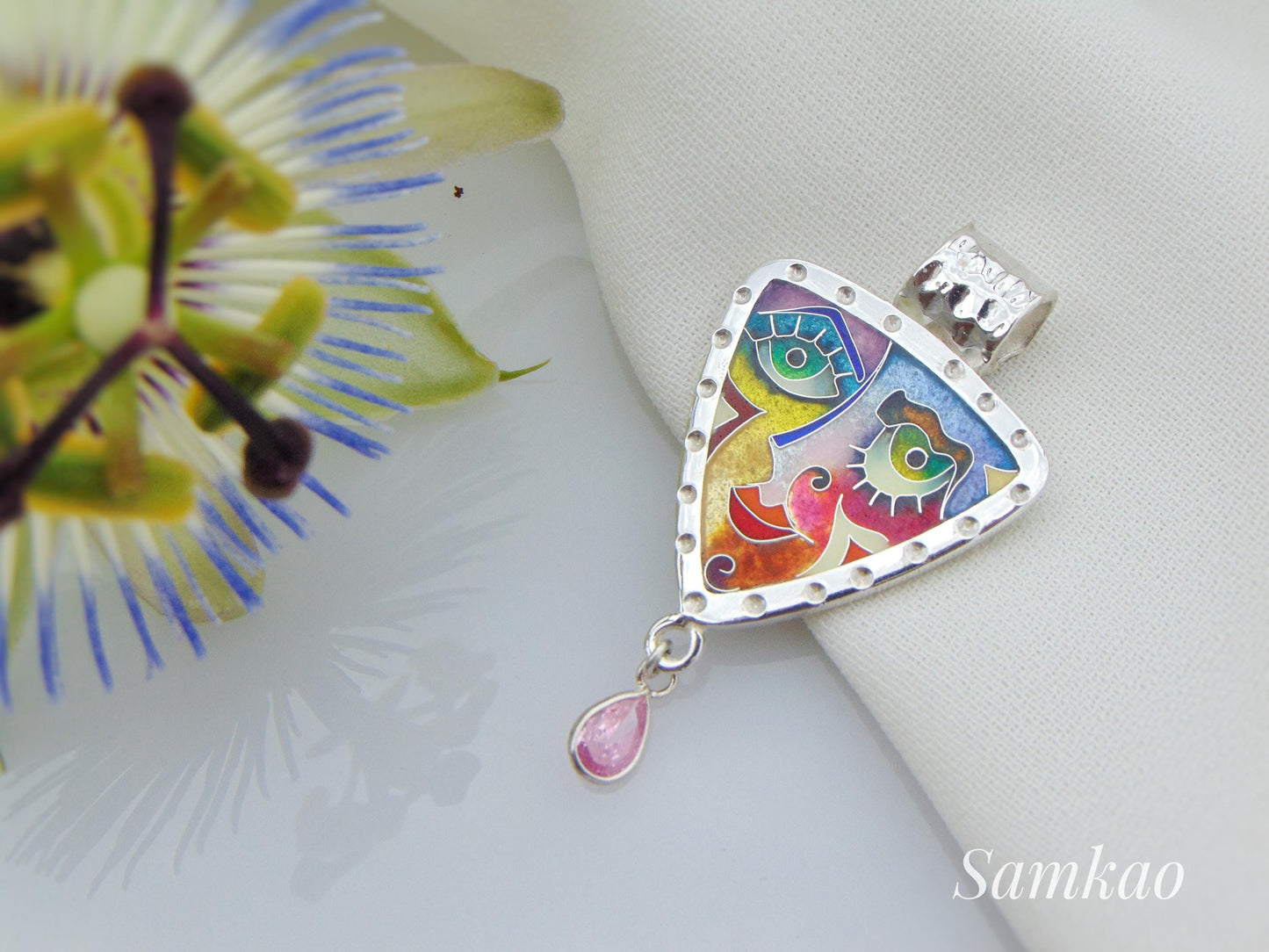 Colorful Cloisonné Enamel Pendant,Abstract Face Jewelry,Handmade Sterling Silver Necklace,Art Jewelry,Gift for Her,Unique Statement piece