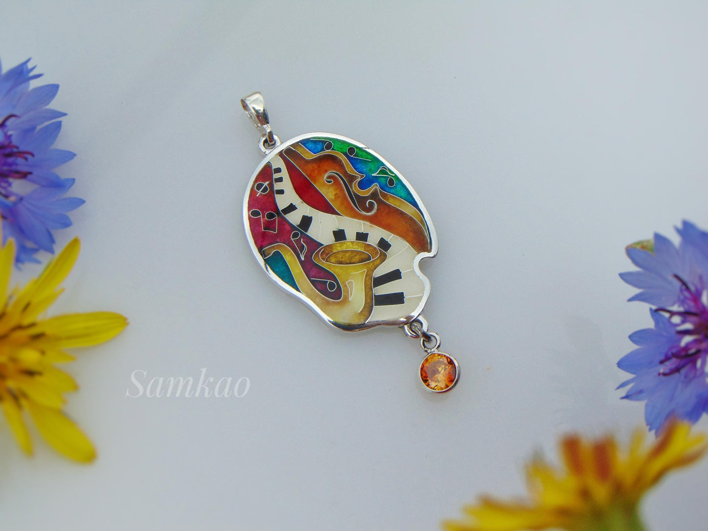Colorful Cloisonné Enamel Pendant – Jazz Music Design | Fine & Sterling Silver | Zircon Stone