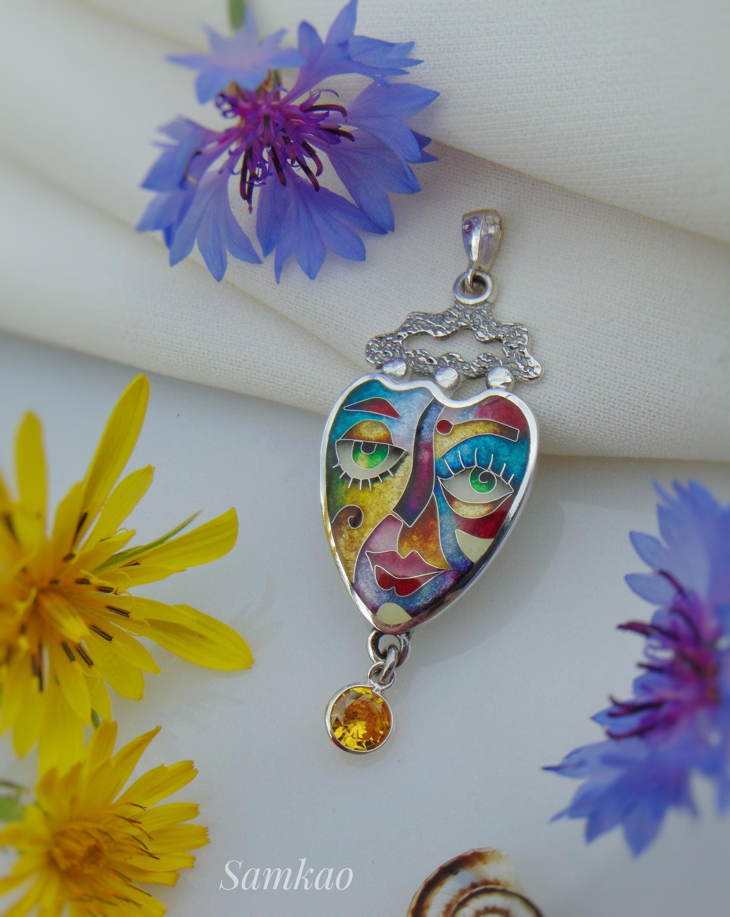 Colorful Cloisonné Enamel Pendant,Abstract Face Jewelry,Handmade Sterling Silver Necklace,Art Jewelry,Gift for Her,Unique Statement piece