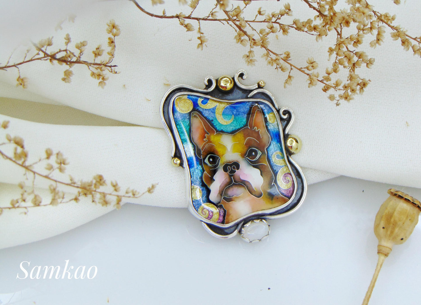 French bulldog necklace,Cloisonne enamel jewelry,Sterling silver, Moonstone,Frenchie Pendant,Pet lover gift