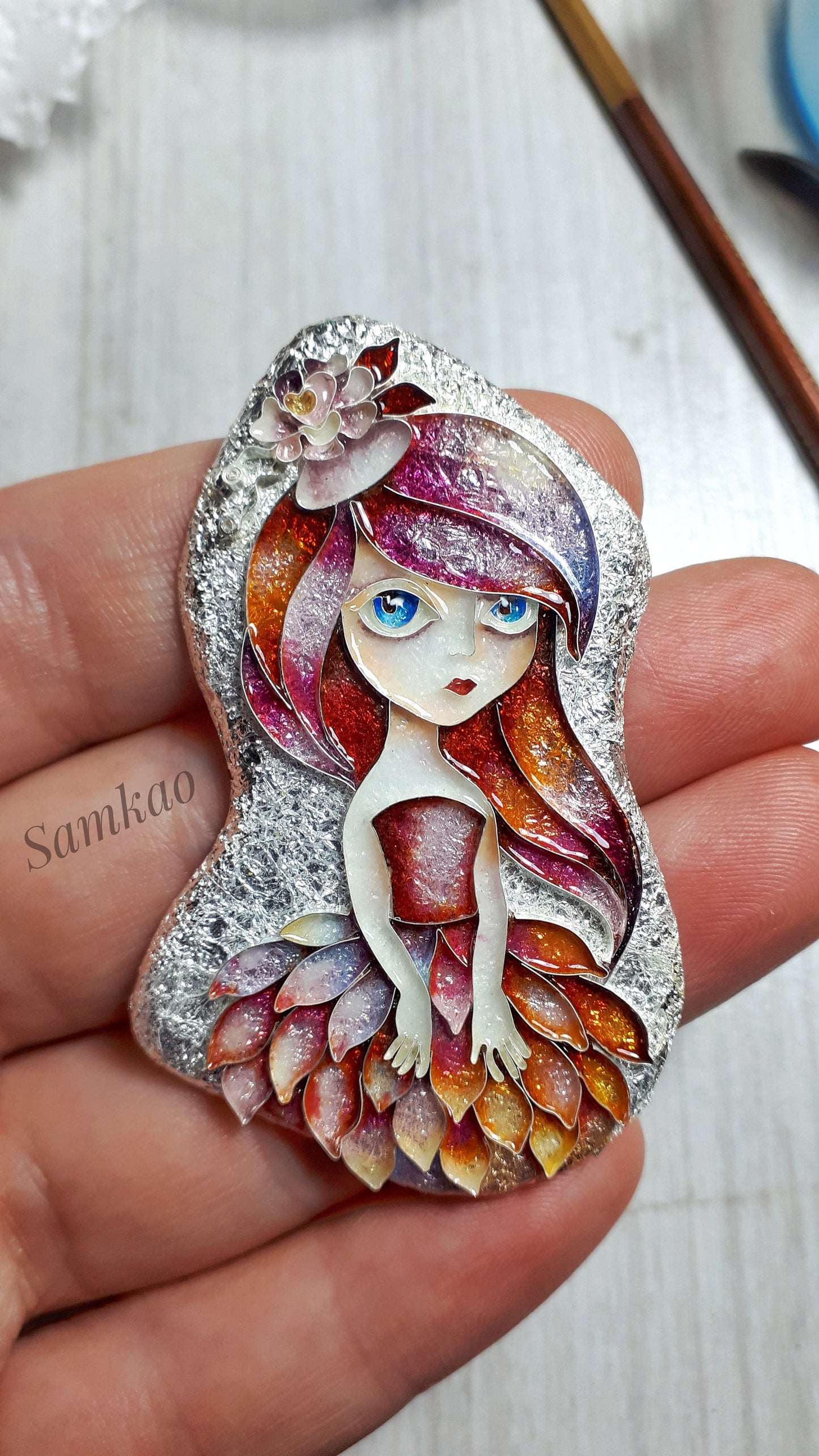 Ballerina pendant,Cloisonne enamel,Handmade jewelry,Gifts for Her,Fairy pendant,Sterling silver pendant,One of a kind,Pink ballerina pendant