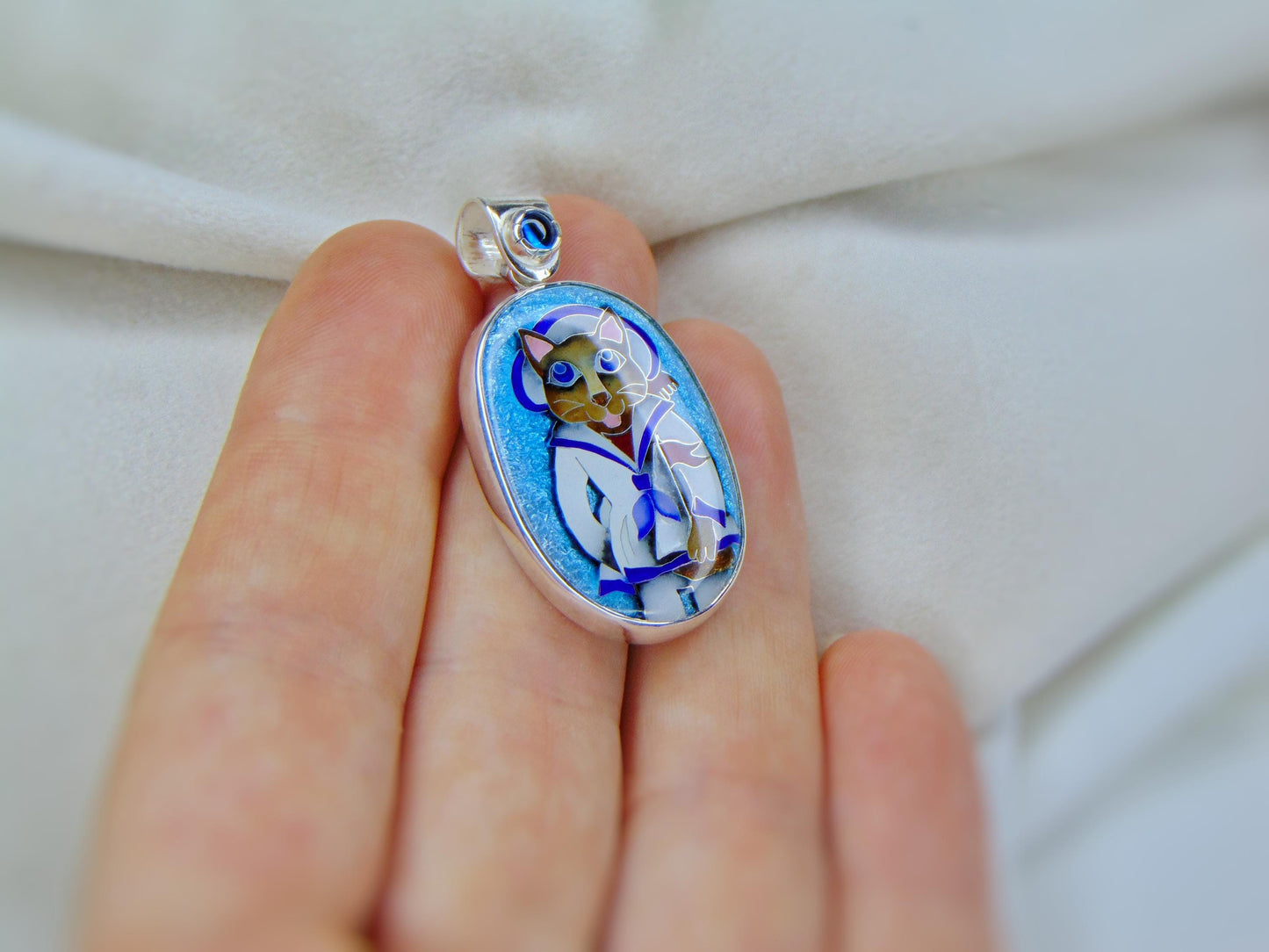 Cloisonné Enamel Cat Sailor Pendant – Silver Frame with Blue Gemstone – Handmade Enamel Jewelry