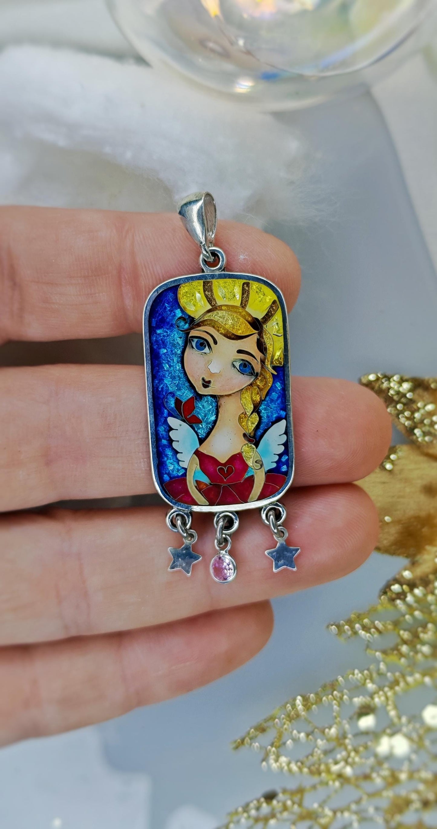Angel pendant,Georgian cloisonne enamel jewelry,Fine silver 999,Gift for Christmas,Vitreous enamel,