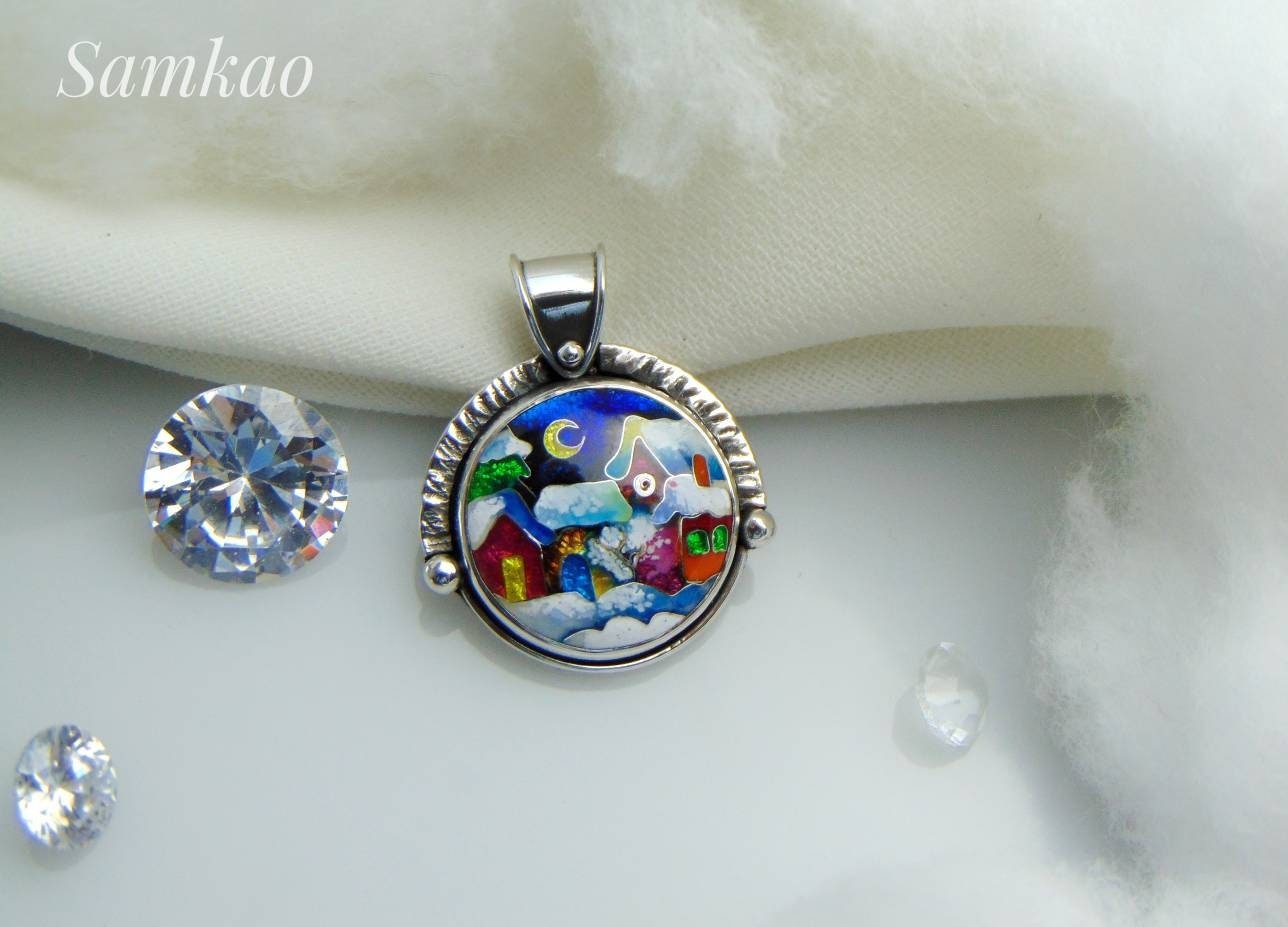 Snowy house pendant,Cloisonne enamel jewelry,Sterling silver, Christmas houses pendant, Handmade jewelry