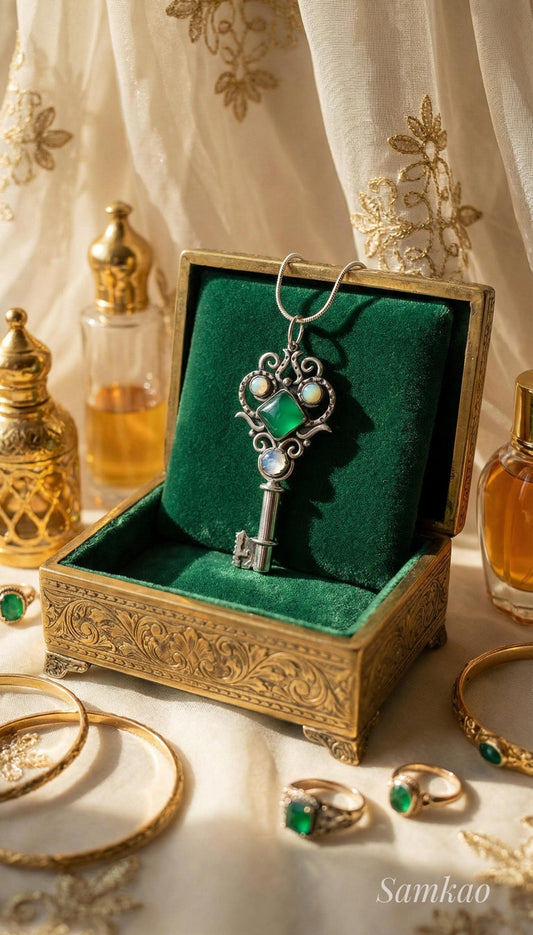 Handmade Sterling Silver Key Pendant – Symbolic Artisan Jewelry, Silver 950, Moonstones, Onyx