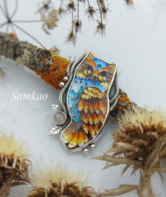 Owl pendant,Georgian cloisonne enamel,Vitreous enamel jewelry,Silver 925 & 999, Moonstone,Bird pendant,Nature Inspired