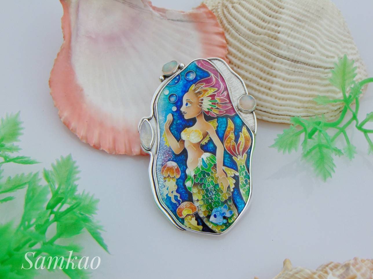 Mermaid pendant,Cloisonne enamel,Handmade jewelry,Sterling silver,Ethiopian opals,Moonstone,Ocean jewelry,Mermaid jewelry