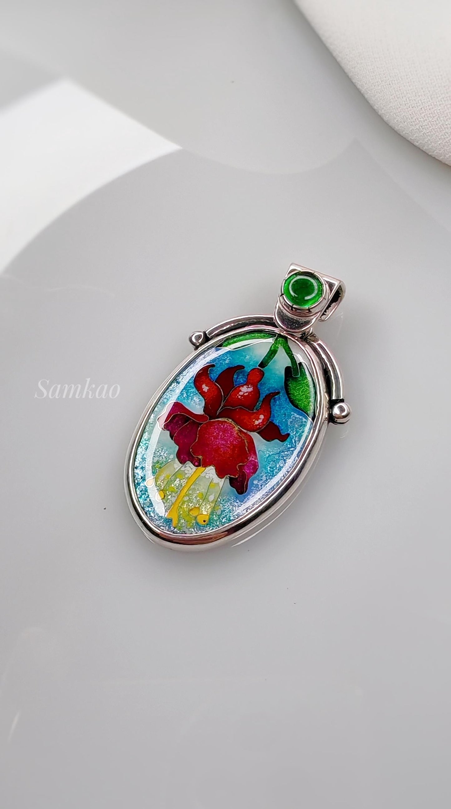 Fuchsia flower pendant, Cloisonne enamel jewelry,Sterling silver, Green gemstone