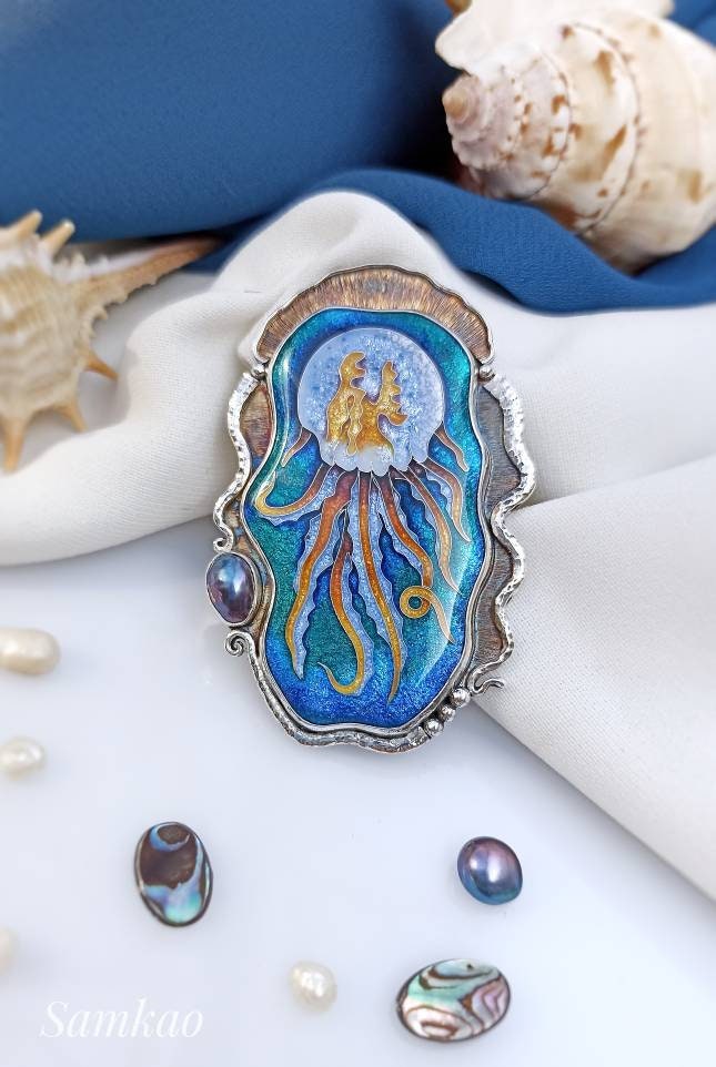 Jellyfish Brooch-pendant,Cloisonne Enamel Pendant,Handmade Sterling Silver jewelry,Sea Creatures jewelry, Mermaid jewelry,Black pearl