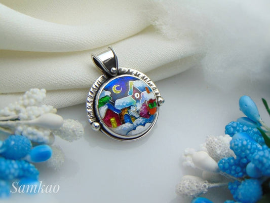 Snowy house pendant,Cloisonne enamel jewelry,Sterling silver, Christmas houses pendant, Handmade jewelry