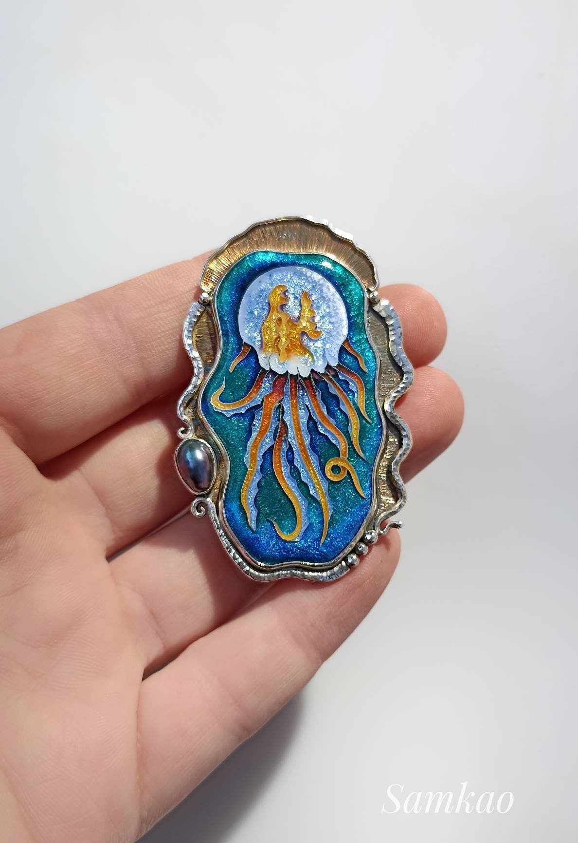 Jellyfish Brooch-pendant,Cloisonne Enamel Pendant,Handmade Sterling Silver jewelry,Sea Creatures jewelry, Mermaid jewelry,Black pearl