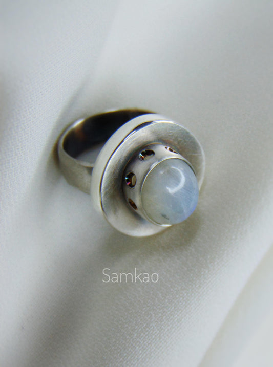 Handmade Silver Ring with Moonstone , Rustic Wide Band, Artisan Silver Jewelry , Boho Style   – Size 18
