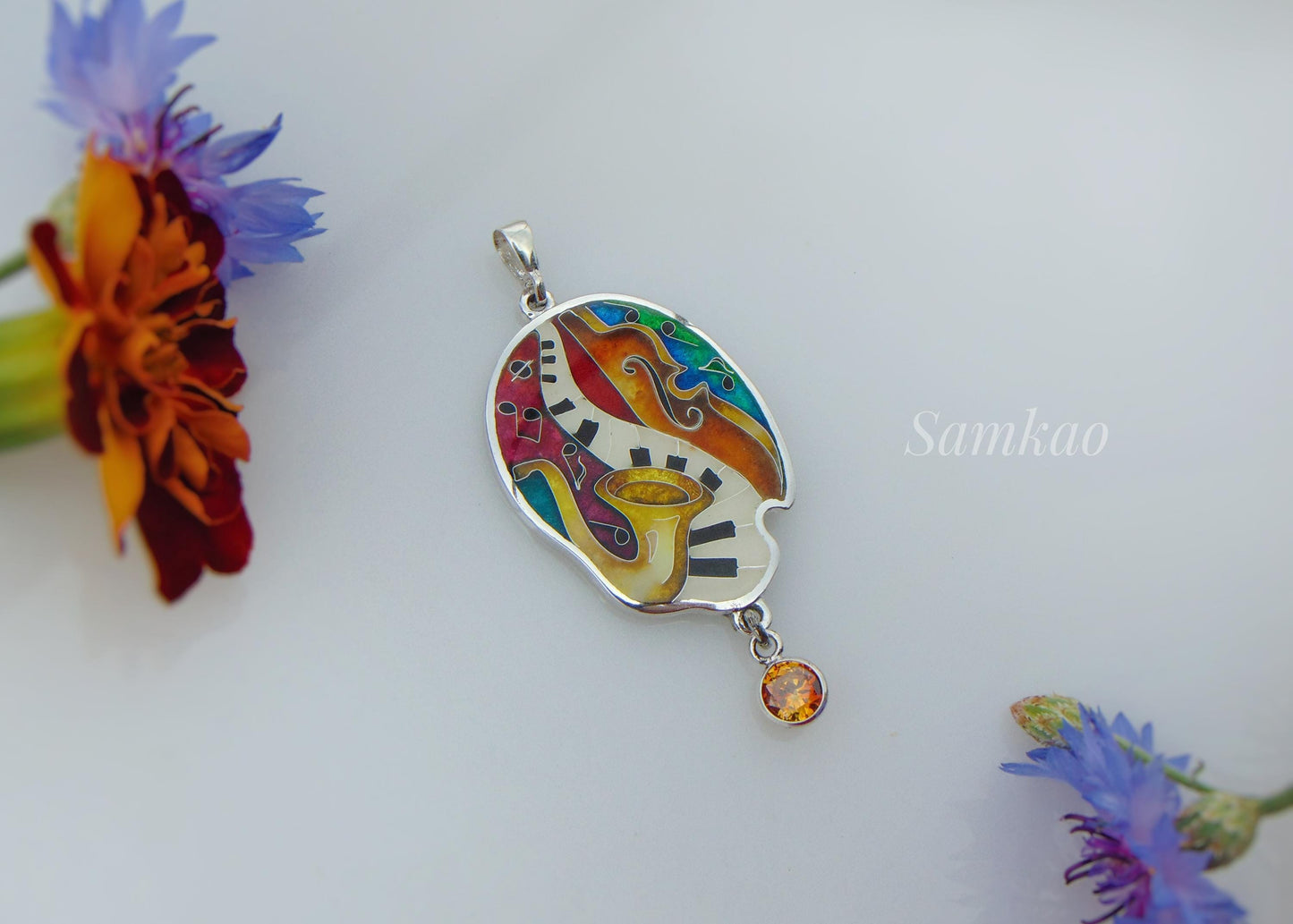 Colorful Cloisonné Enamel Pendant – Jazz Music Design | Fine & Sterling Silver | Zircon Stone