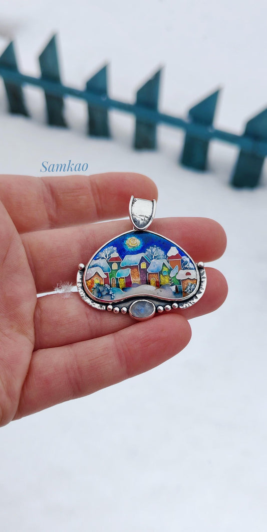 Snowy houses pendant,Christmas jewelry,Sterling silver,Georgian cloisonne enamel,Vitreous enamel,Moonstone pendant,Glass enamel