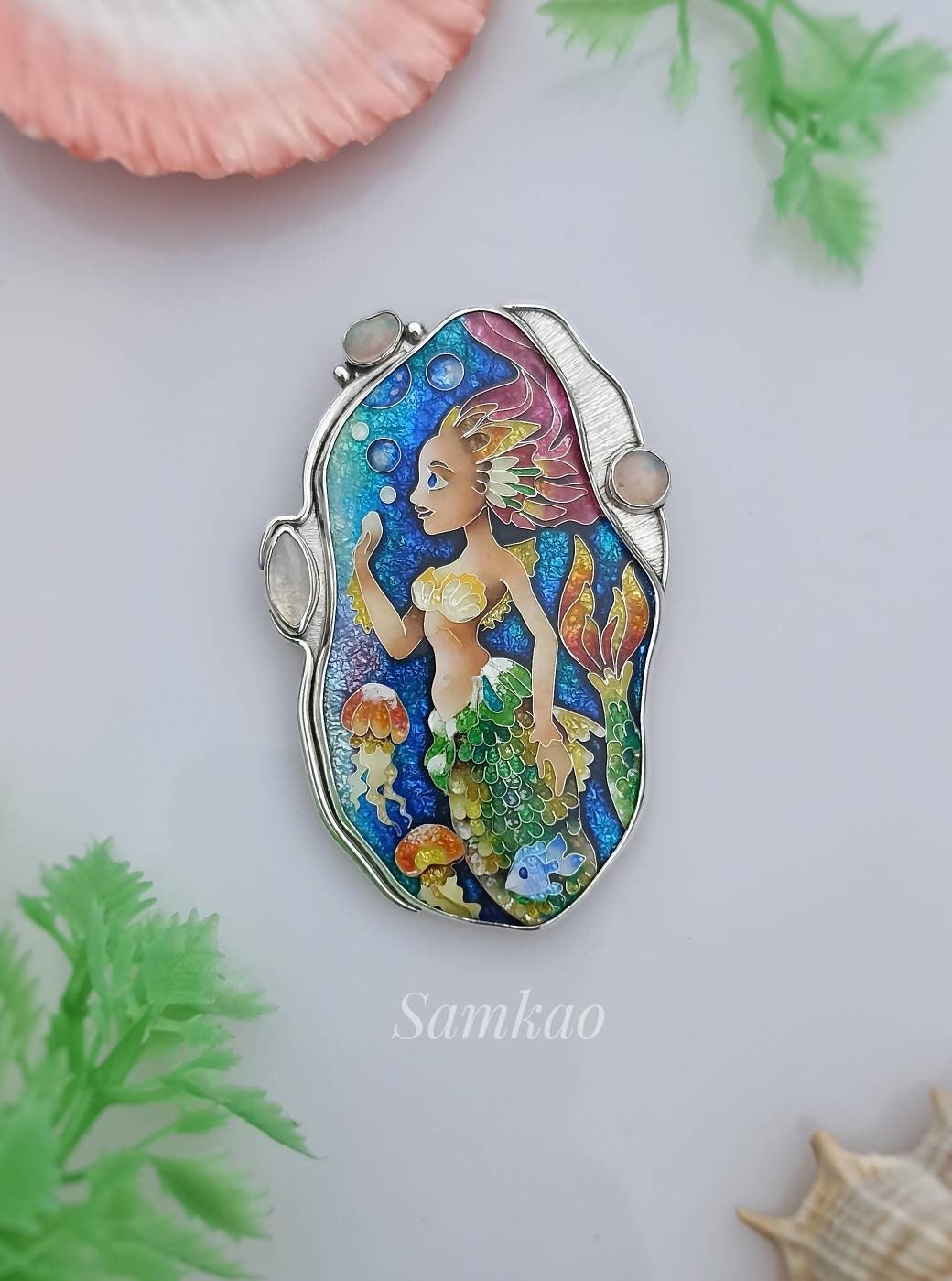 Mermaid pendant,Cloisonne enamel,Handmade jewelry,Sterling silver,Ethiopian opals,Moonstone,Ocean jewelry,Mermaid jewelry