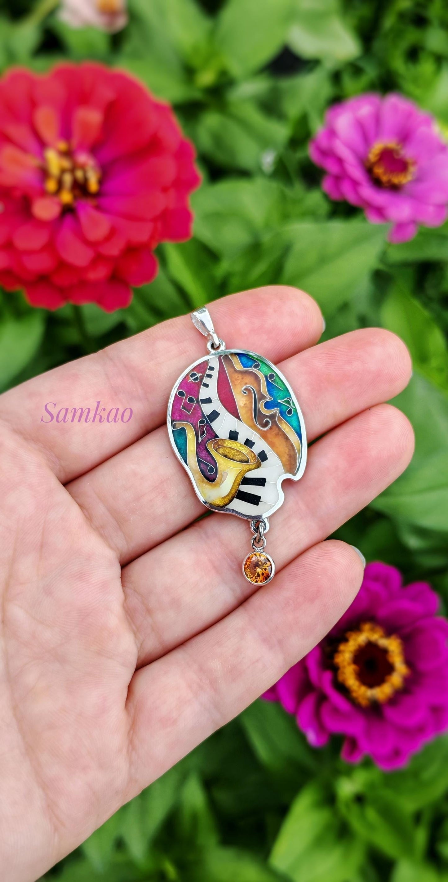 Colorful Cloisonné Enamel Pendant – Jazz Music Design | Fine & Sterling Silver | Zircon Stone