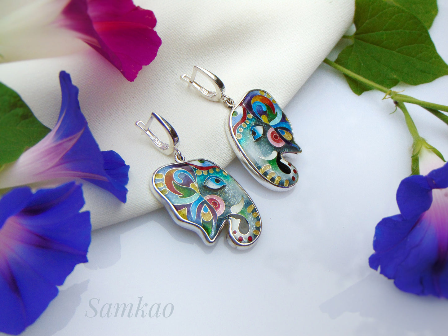 Elephant earrings,Cloisonne enamel,Sterling silver,Handmade jewelry,Silver 950,Gift for her,Elephant jewelry, Silver Animal Earrings