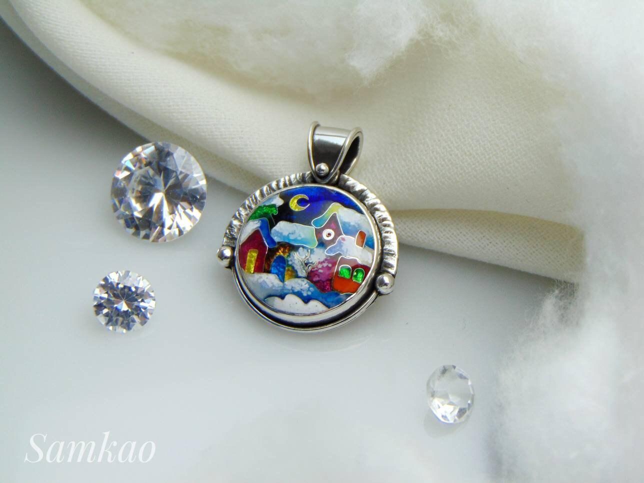 Snowy house pendant,Cloisonne enamel jewelry,Sterling silver, Christmas houses pendant, Handmade jewelry