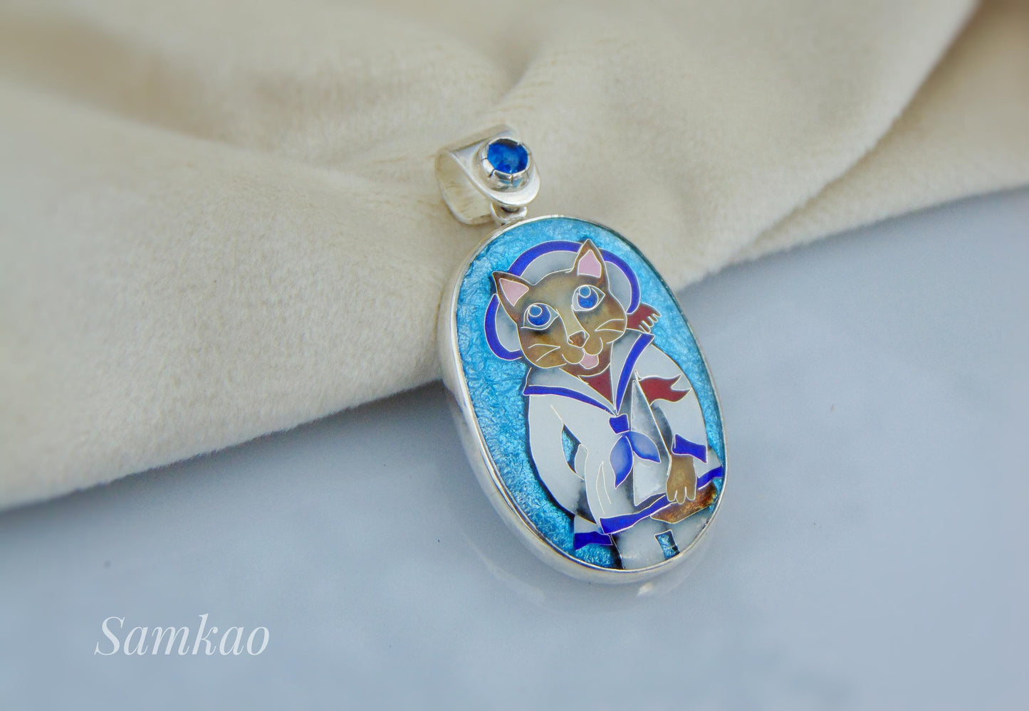 Cloisonné Enamel Cat Sailor Pendant – Silver Frame with Blue Gemstone – Handmade Enamel Jewelry
