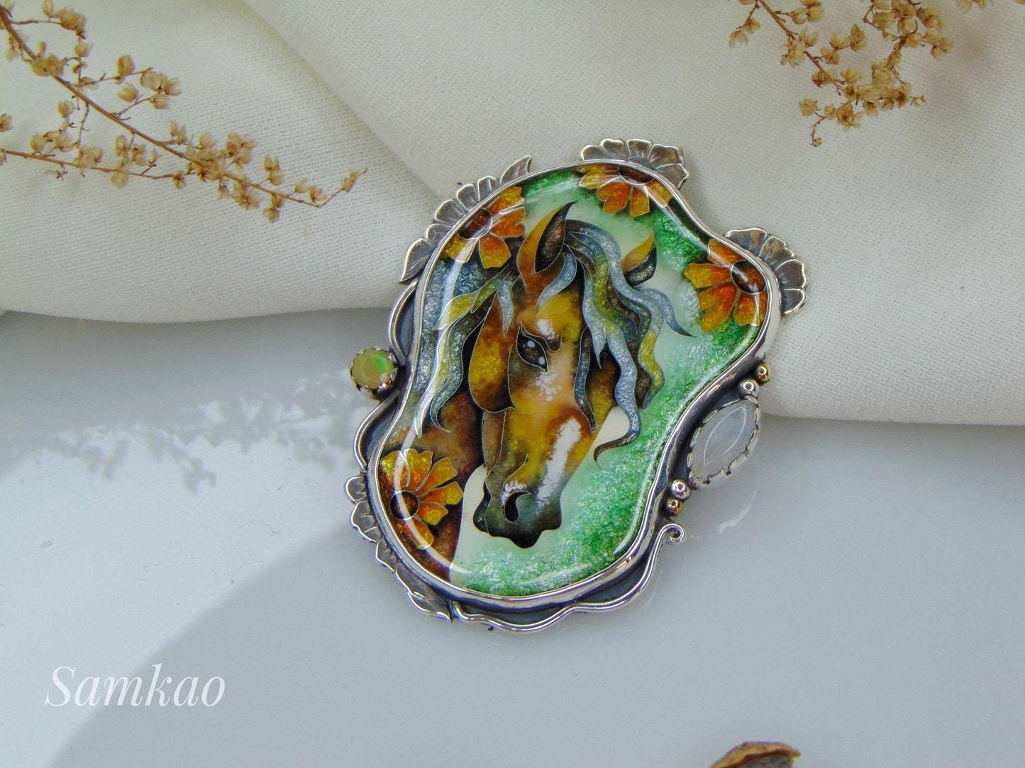 Horse pendant,Cloisonne enamel jewelry, Opals necklace, Horse lover gift, Sunflower pendant, Handmade Sterling silver jewelry