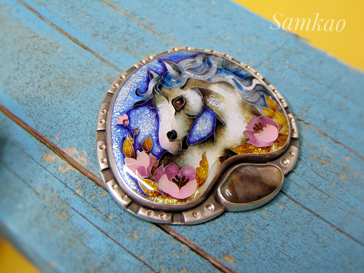 Cloisonné Enamel Horse Pendant with Labradorite – Handmade Silver Necklace – Equestrian Jewelry – Artisan Statement Pendant – One of a Kind