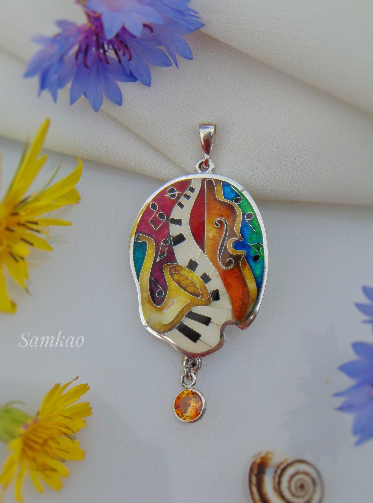 Colorful Cloisonné Enamel Pendant – Jazz Music Design | Fine & Sterling Silver | Zircon Stone