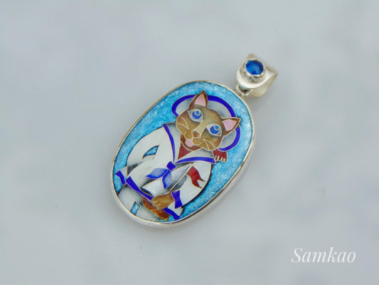Cloisonné Enamel Cat Sailor Pendant – Silver Frame with Blue Gemstone – Handmade Enamel Jewelry