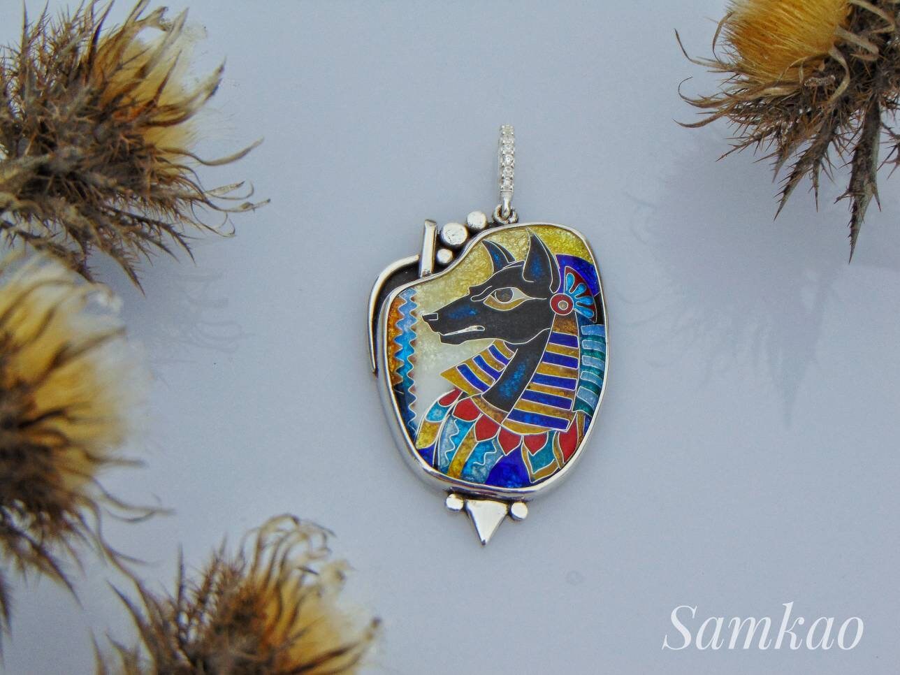 Anubis pendant,Cloisonne enamel,Vitreous enamel,Egyptian god pendant,Sterling silver