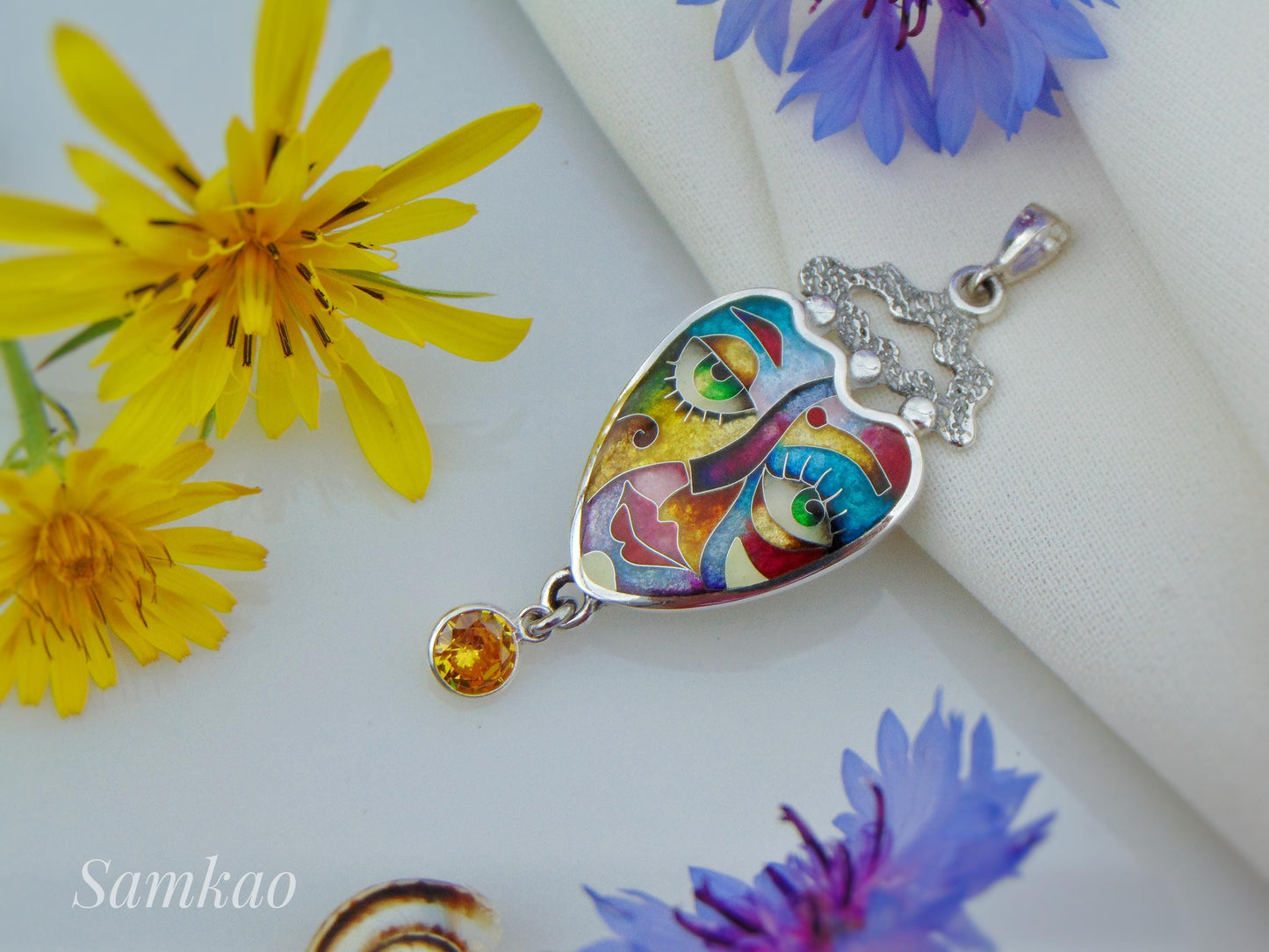 Colorful Cloisonné Enamel Pendant,Abstract Face Jewelry,Handmade Sterling Silver Necklace,Art Jewelry,Gift for Her,Unique Statement piece
