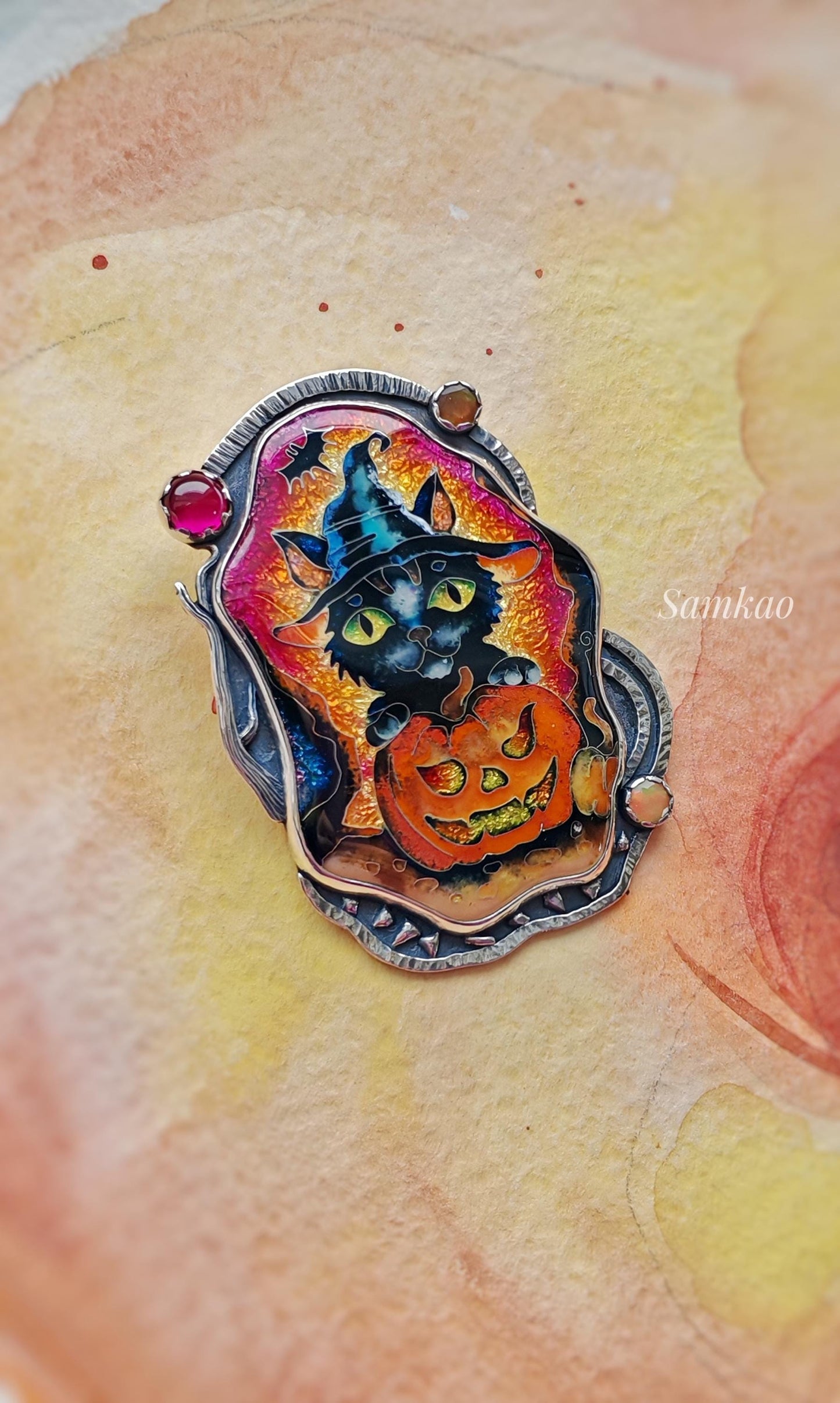 Halloween black witch cat with pumpkin, Cloisonne enamel pendant,Sterling silver, Opals,Handmade jewelry