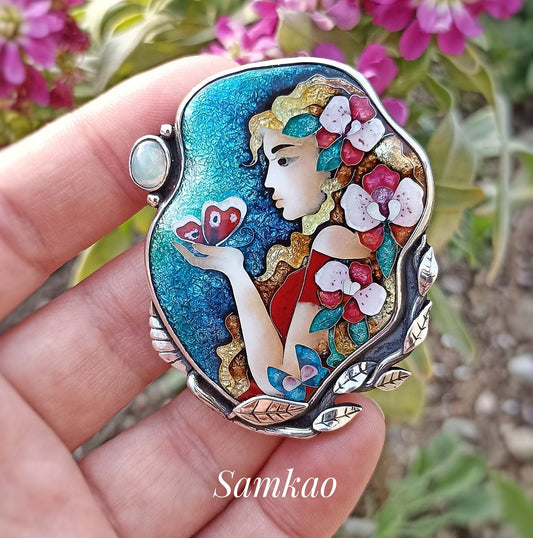 Lady with Butterfly Georgian Cloisonné Enamel Pendant in Sterling Silver with Ethiopian Opal