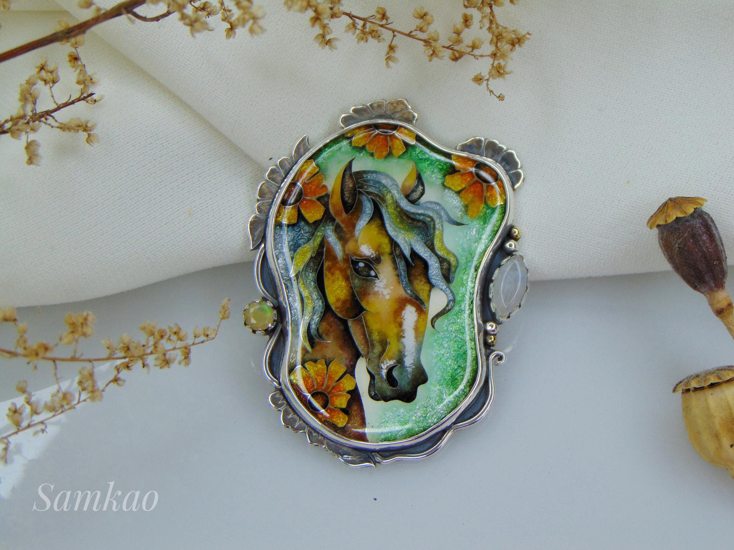 Horse pendant,Cloisonne enamel jewelry, Opals necklace, Horse lover gift, Sunflower pendant, Handmade Sterling silver jewelry