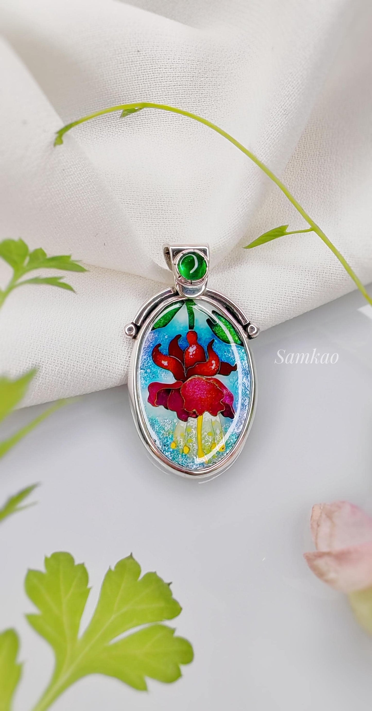 Fuchsia flower pendant, Cloisonne enamel jewelry,Sterling silver, Green gemstone