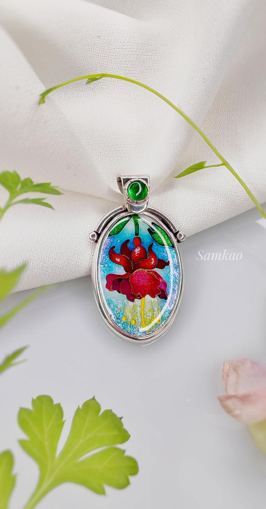Fuchsia flower pendant, Cloisonne enamel jewelry,Sterling silver, Green gemstone