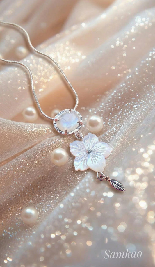Unique Handmade Silver Pendant with Moonstone & Mother of Pearl Flower