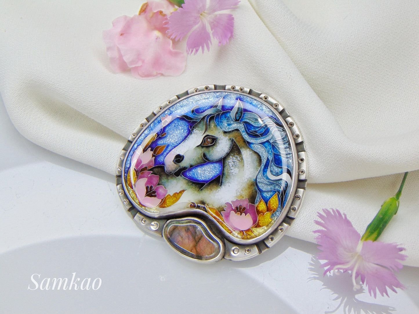 Cloisonné Enamel Horse Pendant with Labradorite – Handmade Silver Necklace – Equestrian Jewelry – Artisan Statement Pendant – One of a Kind