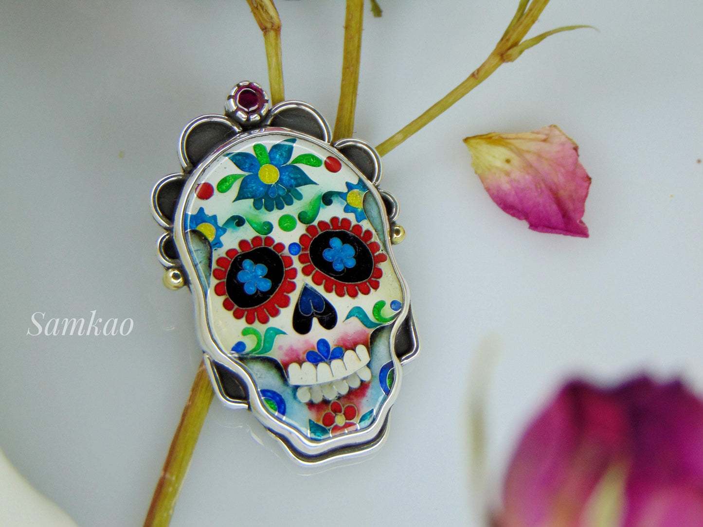 Skull pendant, Calavera skull pendant, Cloisonne enamel, Sterling silver, Sugar skull pendant