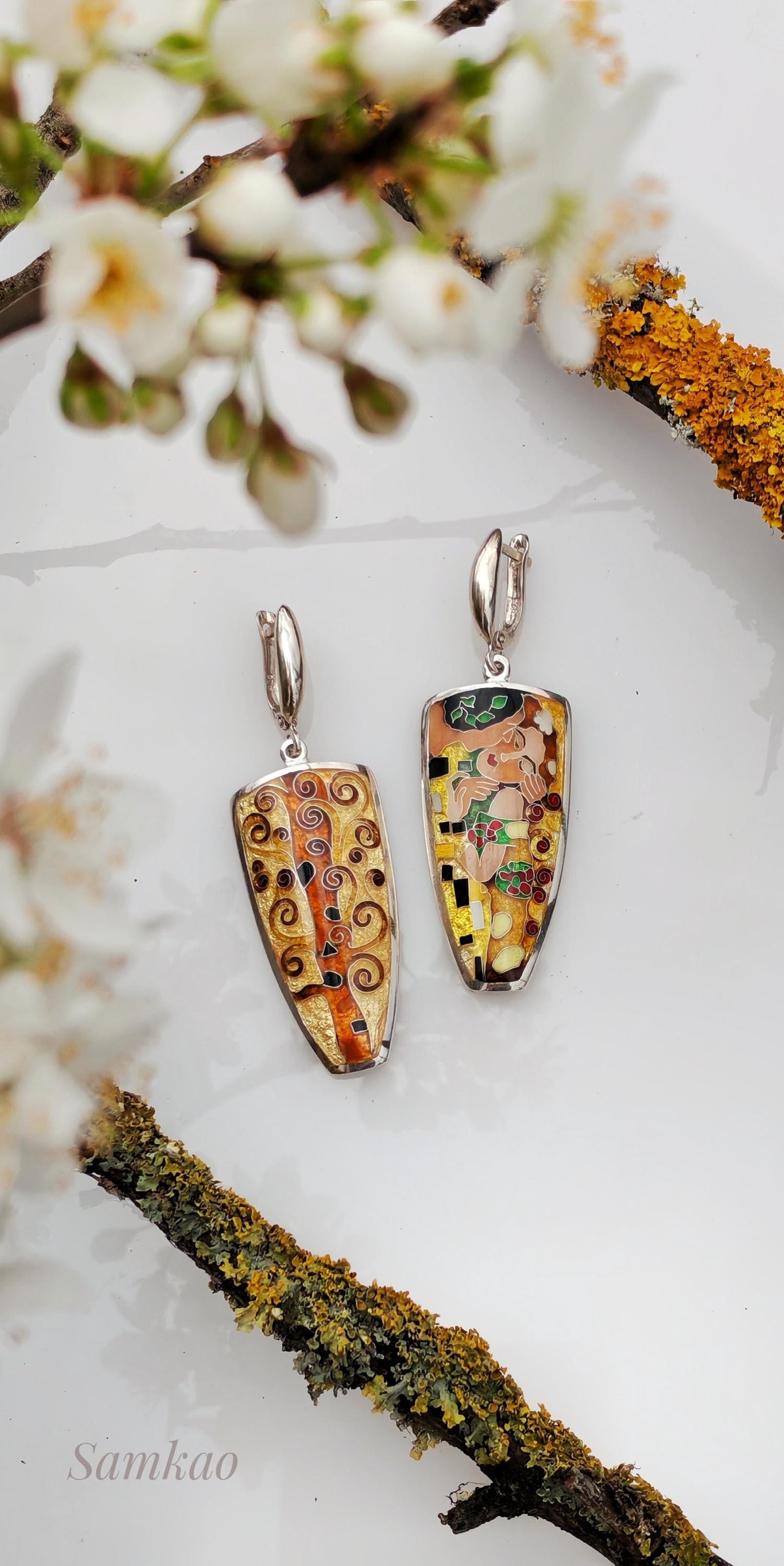 Gustav Klimt ,The kiss jewelry , Earrings with Art,Cloisonne enamel jewelry, Sterling silver 999, Gift for her