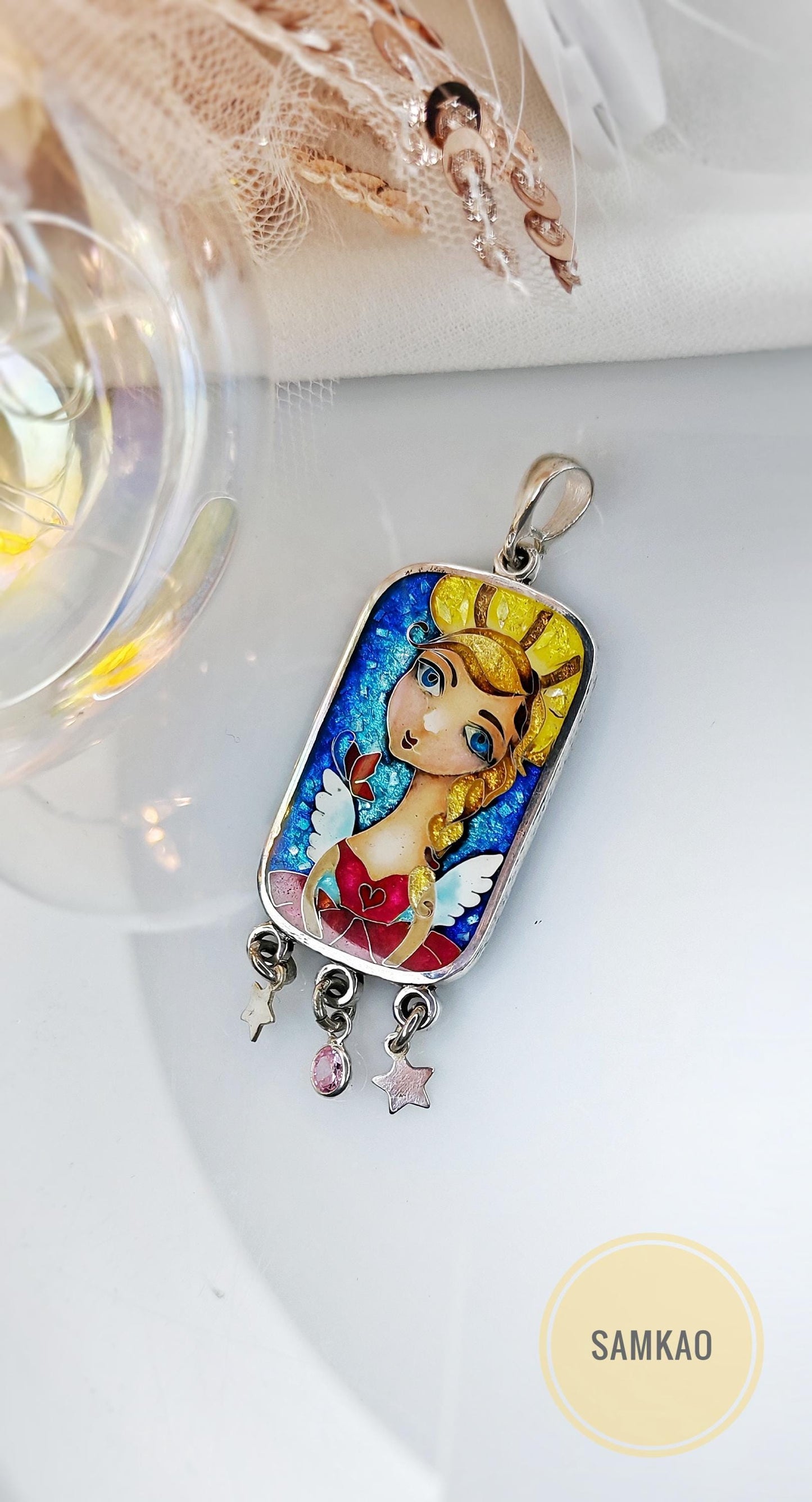 Angel pendant,Georgian cloisonne enamel jewelry,Fine silver 999,Gift for Christmas,Vitreous enamel,