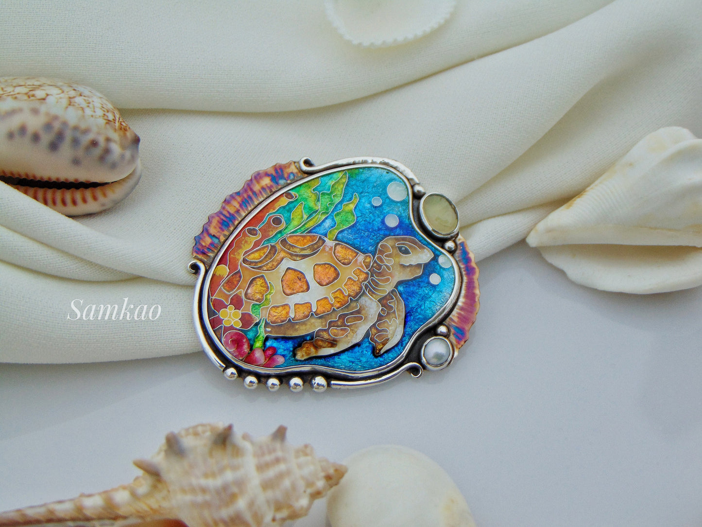 Sea turtle pendant,Georgian cloisonne enamel jewelry,Sterling silver, Moonstone, Mystic topaz,Sea creatures, Turtle jewelry