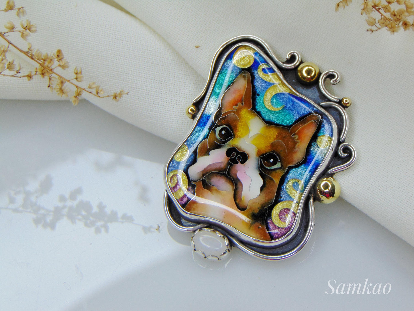 French bulldog necklace,Cloisonne enamel jewelry,Sterling silver, Moonstone,Frenchie Pendant,Pet lover gift