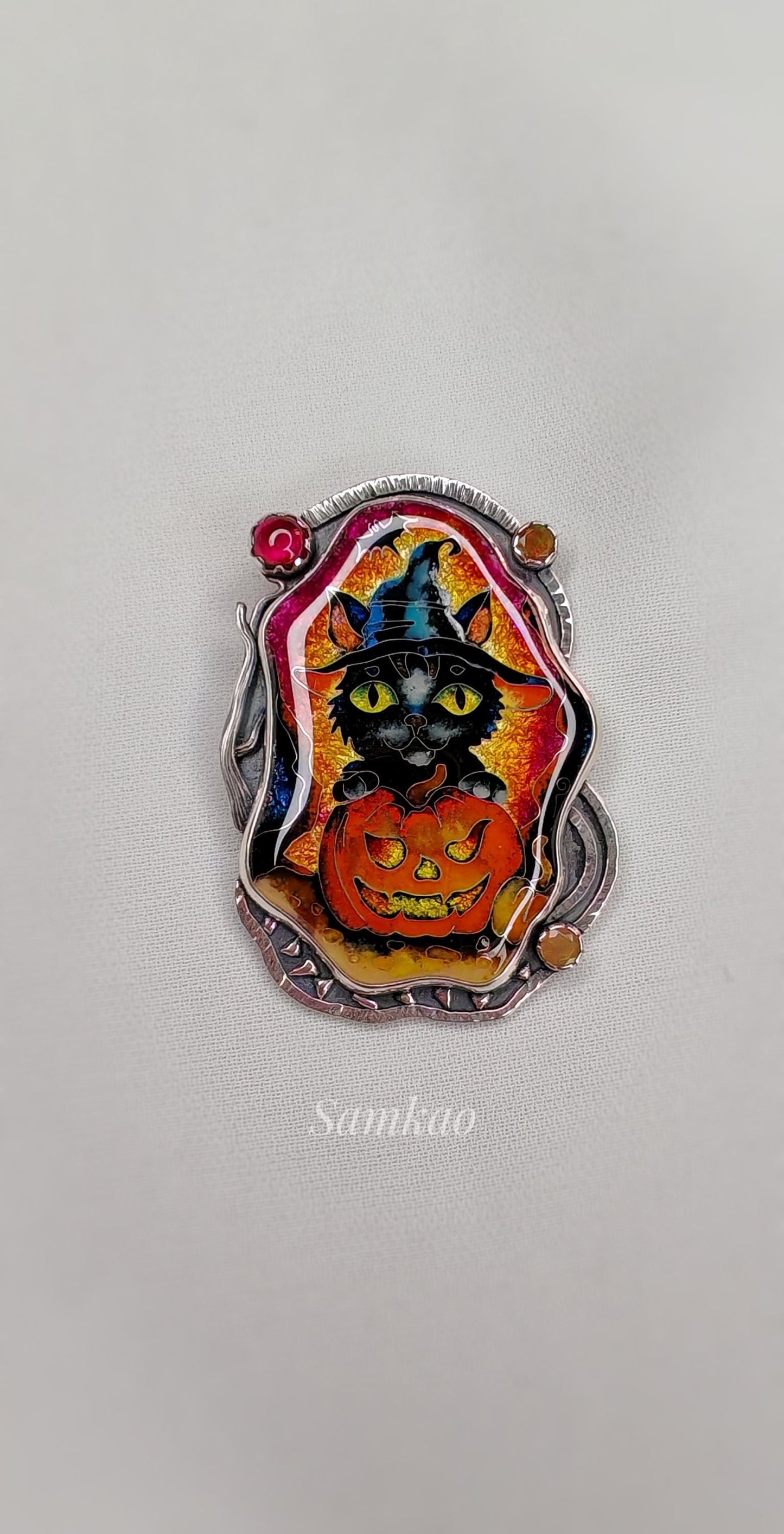 Halloween black witch cat with pumpkin, Cloisonne enamel pendant,Sterling silver, Opals,Handmade jewelry