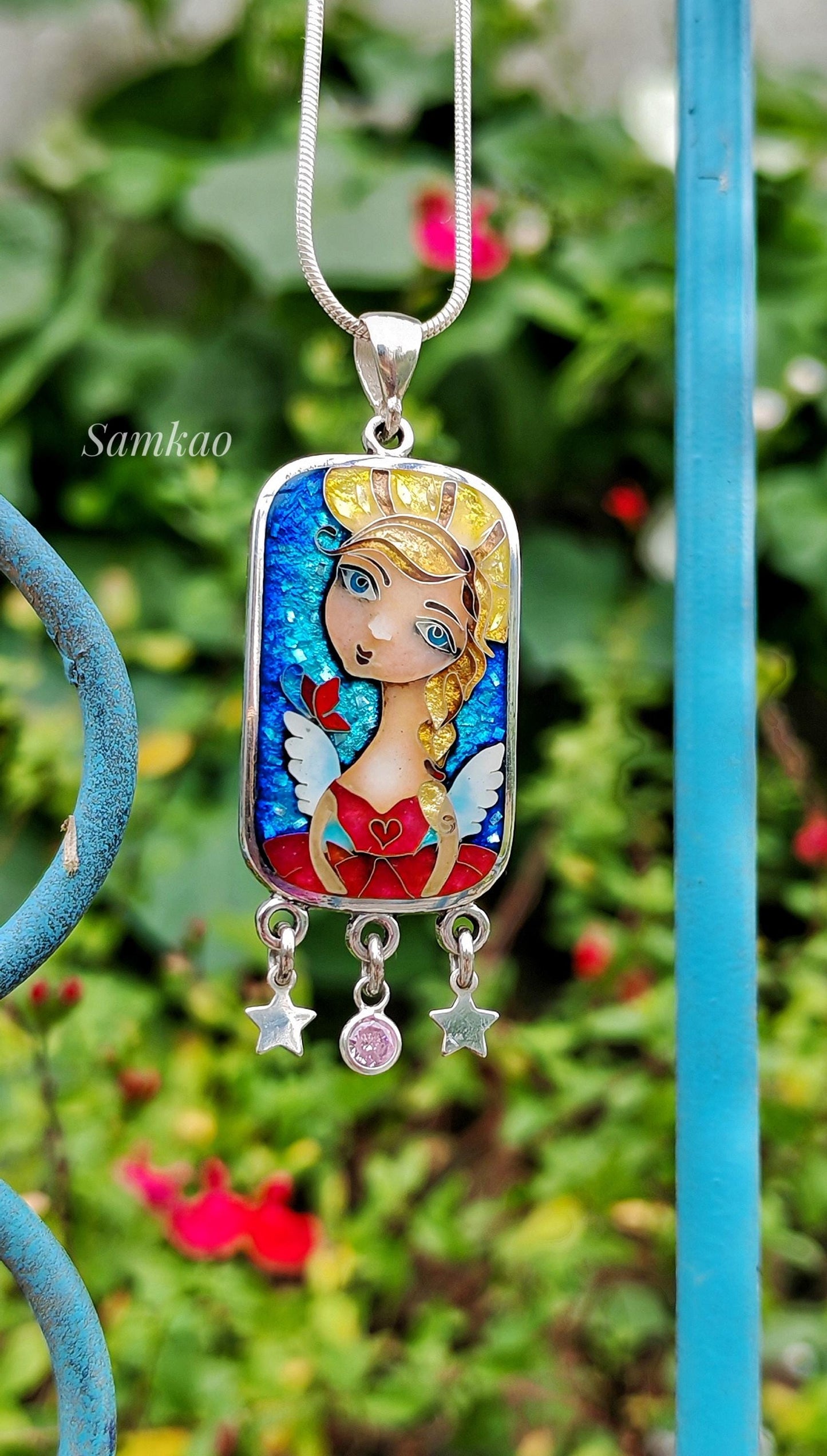 Angel pendant,Georgian cloisonne enamel jewelry,Fine silver 999,Gift for Christmas,Vitreous enamel,