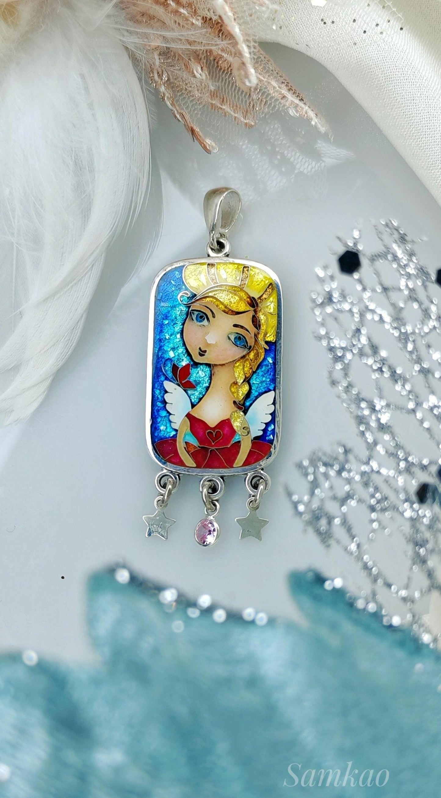 Angel pendant,Georgian cloisonne enamel jewelry,Fine silver 999,Gift for Christmas,Vitreous enamel,