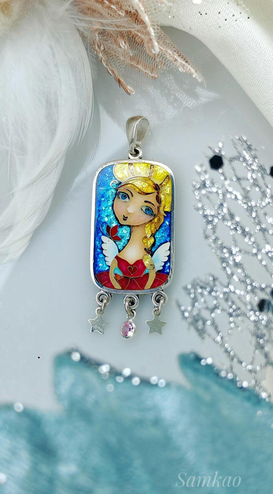 Angel pendant,Georgian cloisonne enamel jewelry,Fine silver 999,Gift for Christmas,Vitreous enamel,