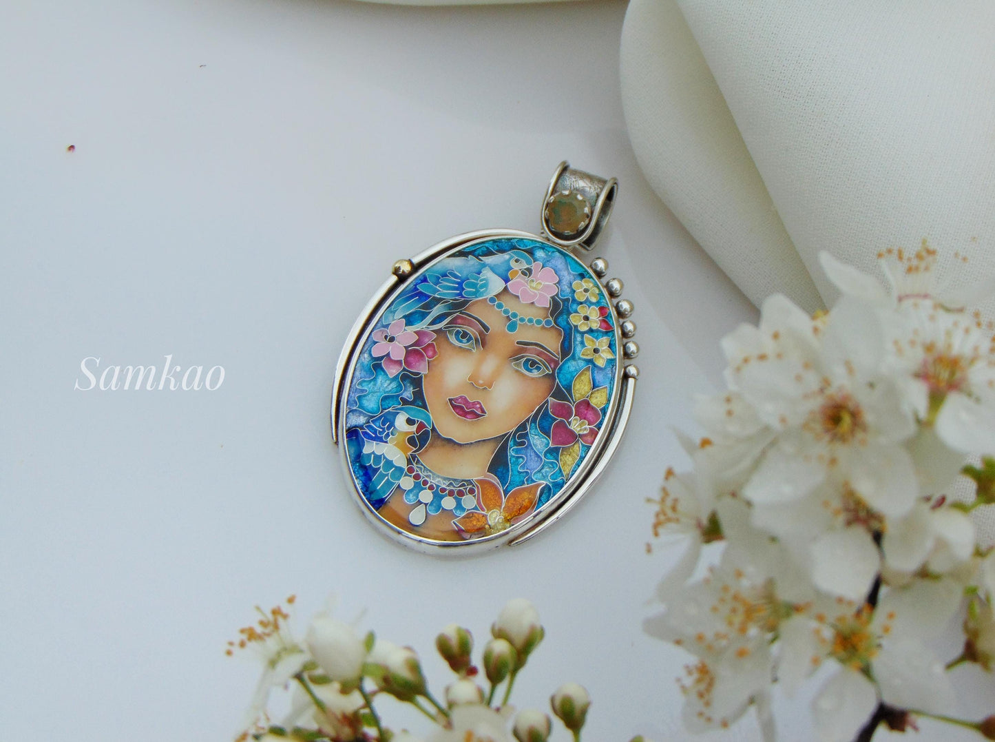 Magic Fairy with blue hair, Flower fairy necklace, Cloisonne enamel jewelry, Sterling silver,Opal,Parrot necklace