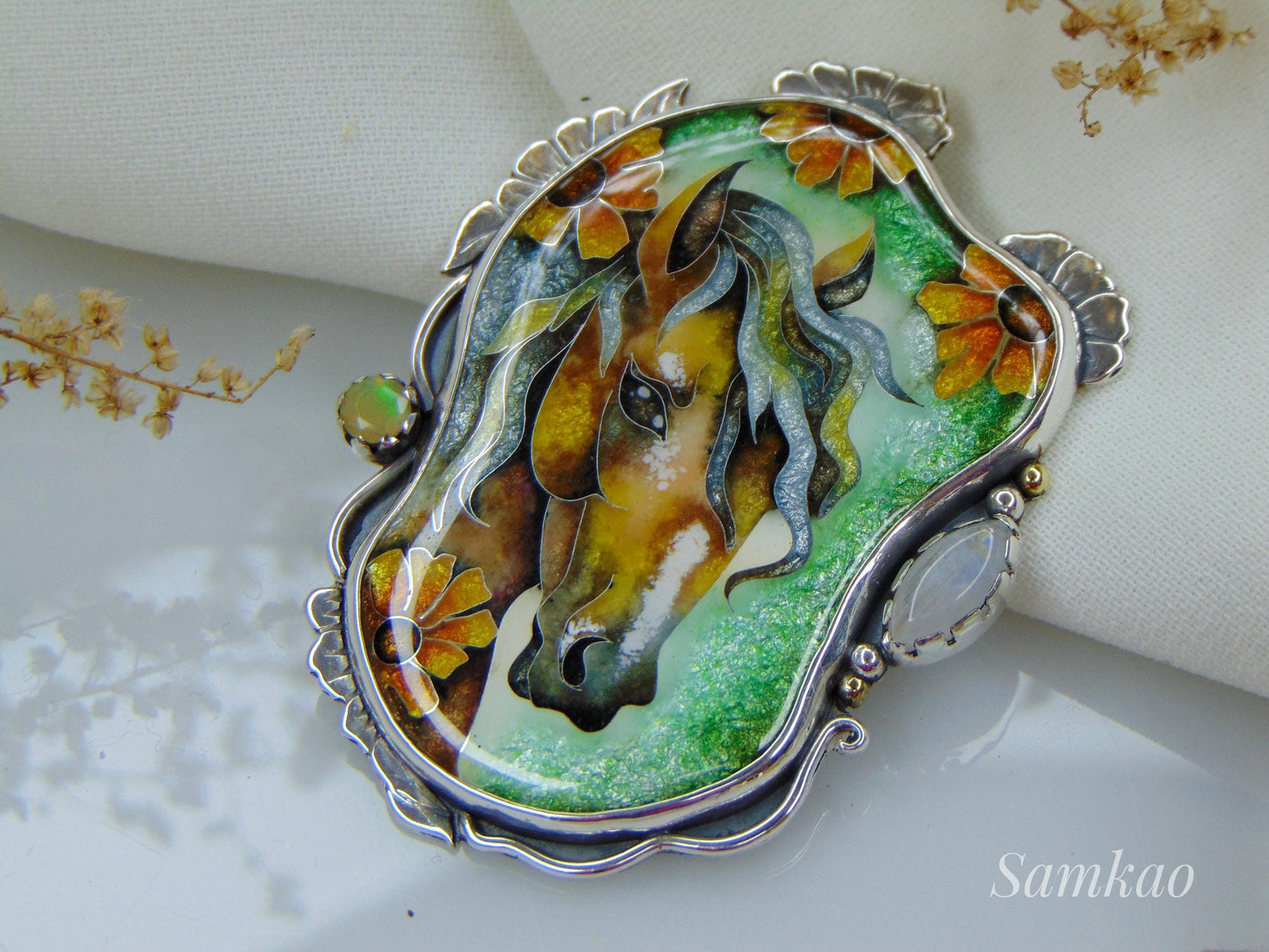 Horse pendant,Cloisonne enamel jewelry, Opals necklace, Horse lover gift, Sunflower pendant, Handmade Sterling silver jewelry