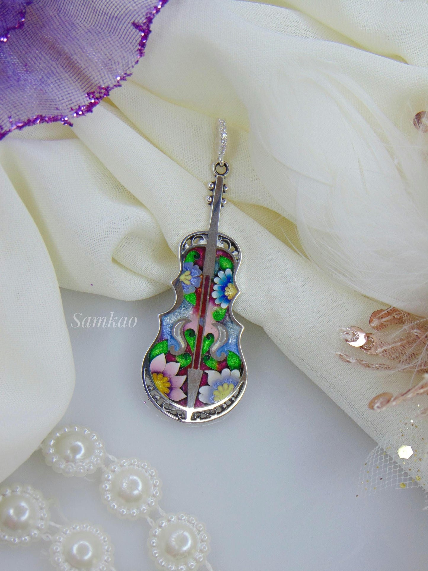 Violin pendant,Cello Pendant,Georgian Cloisonne Enamel,Fine Silver,Violin Brooch,Musical Instrument Jewelry,Gift For Musician